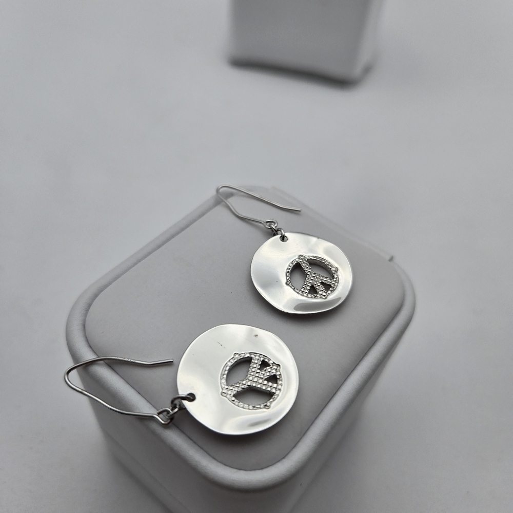 Circle of Peace Sign Symbol Earrings Sterling Silver Dandle Round - Picture 9 of 9